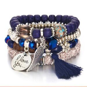 I Love You Heart Charm 4 Piece Boho Beaded Bracelet Set